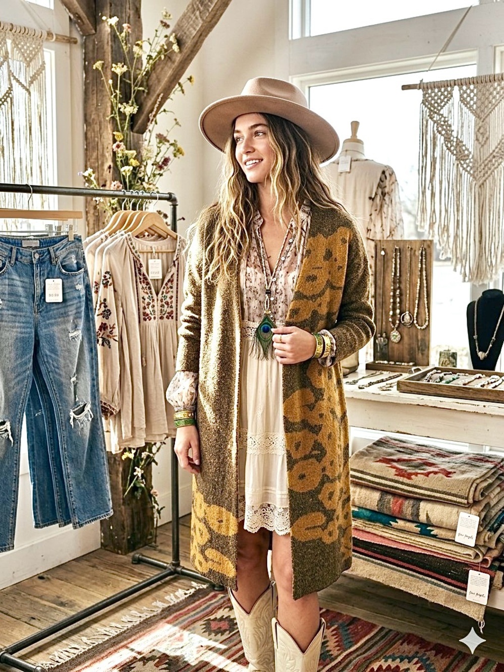 Boho Olive & Mustard Patterned Open-Front Cardigan